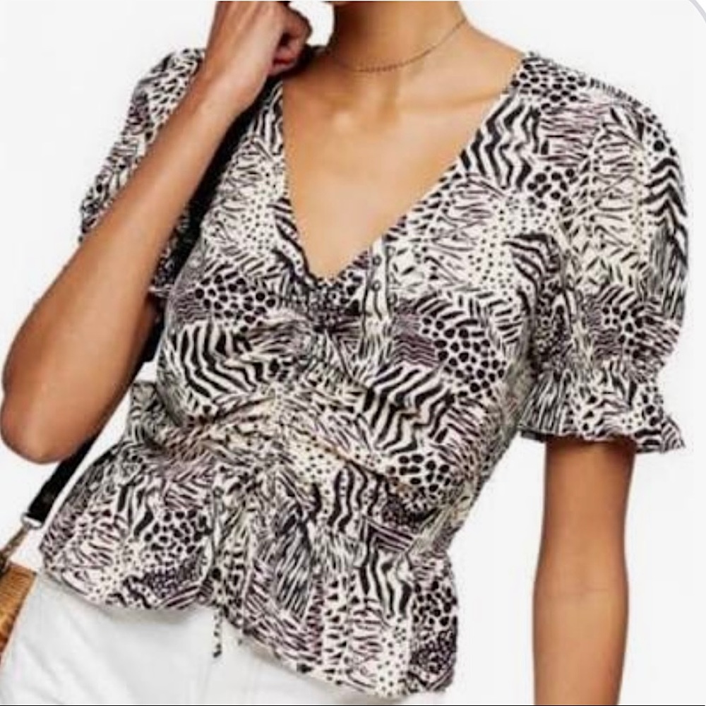 TOPSHOP animal print puff sleeve blouse